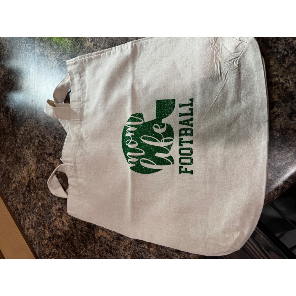 Mom Life Football Canvas Tote Bag Green Glitter Graphic Cream Reusable Shopper